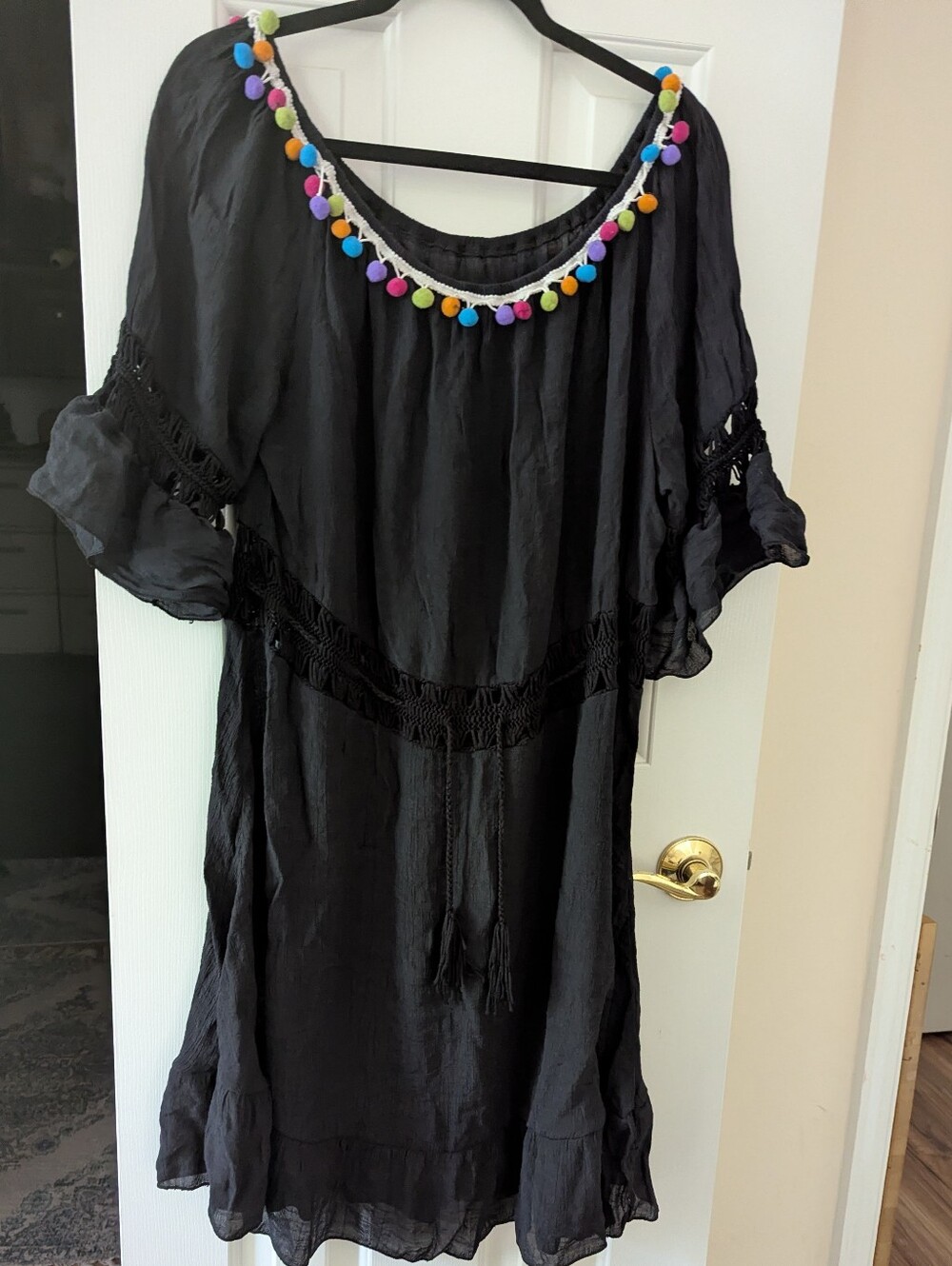 SHEIN Black Swim Cover-up with Multicolor Pom-Pom Trim